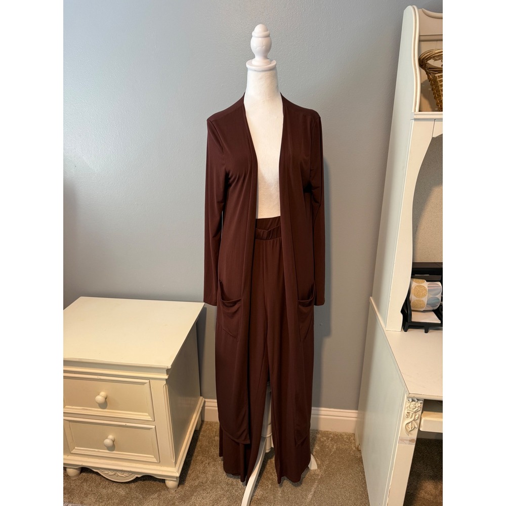 Brigitte Brianna Brown Duster Cardigan and Wide Leg Pants Lounge Set XL USA